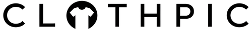The logo for CLOTHPIC is displayed in black sans-serif lettering on a solid white background, with the letter 'O' stylized as a circular t-shirt silhouette.